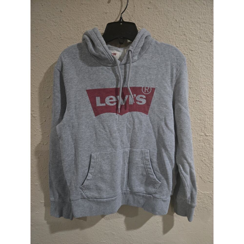 Levis Sweater Mens, Gray Red Batwing Logo Hoodie Sweatshirt Adult, Size Small
